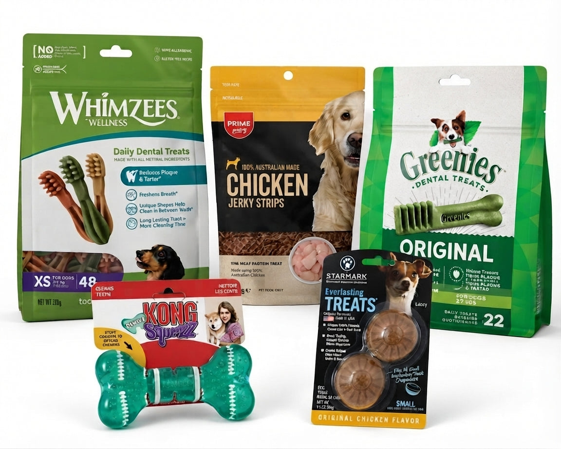 Barkly Vault X-Small dog dental treat bundle — Whimzees Toothbrush X-Small, Prime Pantry Chicken Jerky, Greenies Teenie Original, KONG Squeezz Dental Bone and Starmark Everlasting Treats Small