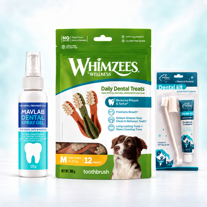 Dog Dental Care Kit size M — Mavlab Dental Spray Gel, Whimzees Toothbrush Medium (12 treats) and Pet-Rite Dental Kit