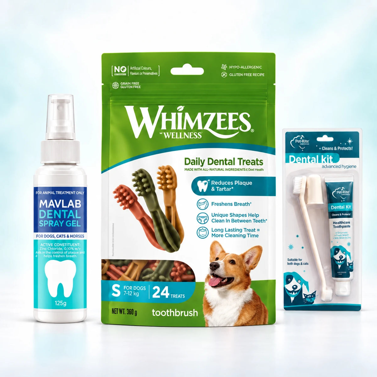 Dog Dental Care Kit size S — Mavlab Dental Spray Gel, Whimzees Toothbrush Small (24 treats) and Pet-Rite Dental Kit