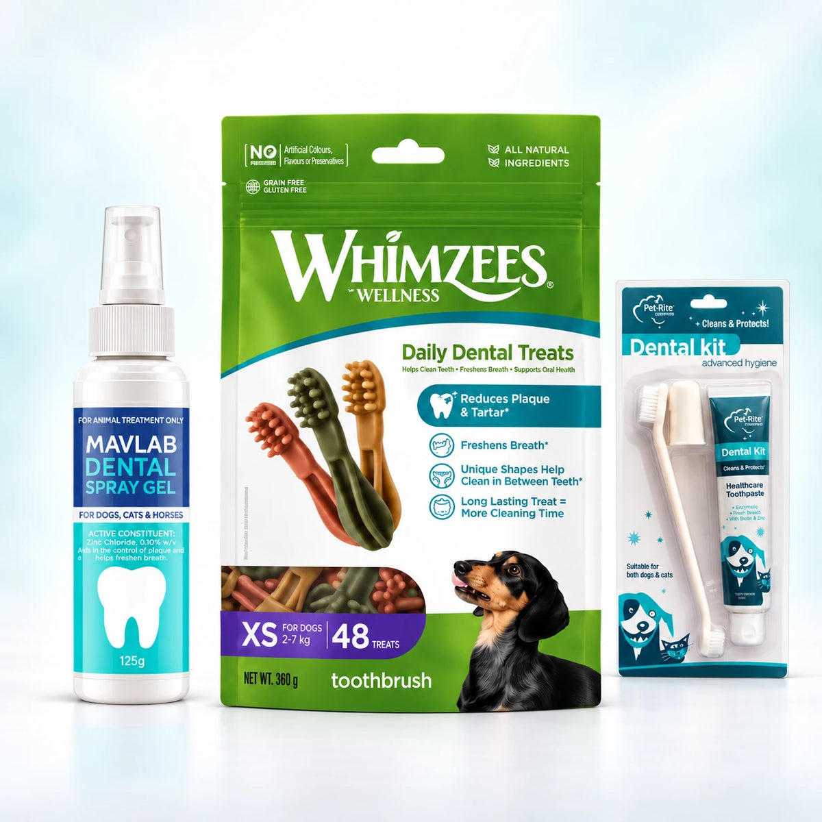Dog Dental Care Kit size XS — Mavlab Dental Spray Gel, Whimzees Toothbrush X-Small (48 treats) and Pet-Rite Dental Kit