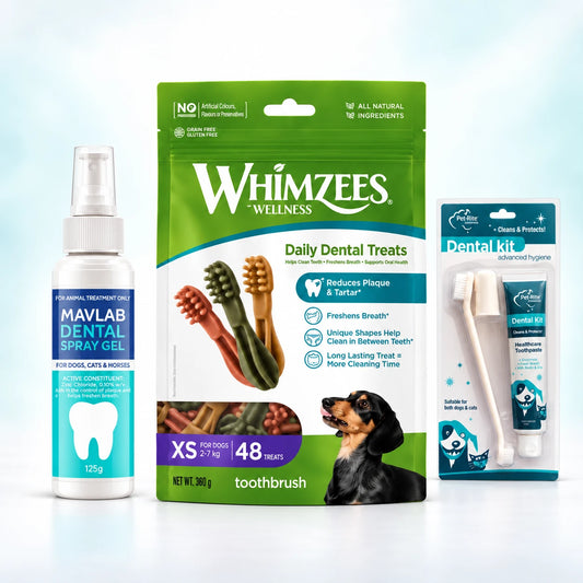 Dog Dental Care Kit size XS — Mavlab Dental Spray Gel, Whimzees Toothbrush X-Small (48 treats) and Pet-Rite Dental Kit